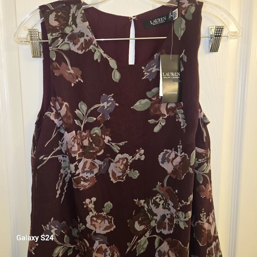 Lauren Ralph Lauren Womens Wine Floral Color Sz:8 Crinkle Georgette Shift Dress - Picture 5 of 7